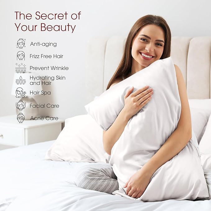 100% Silk Pillow Cases 2 Pack Standard Size Mulberry Silk Pillowcase for Hair and Skin Set of 2 Highest Grade 6A Silk Soft Breathable Cooling with Hidden Zipper, White