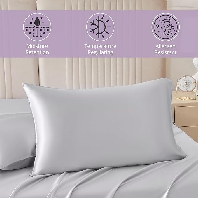 Mulberry Park 30 Momme Silk Pillowcase - Pure Silk Pillowcase for Hair and Skin, Grade 6A Charmeuse Weave Mulberry Real Silk Pillowcase for Luxury Night Sleep - 1 Pc Silver (Standard 20'' x 26'')