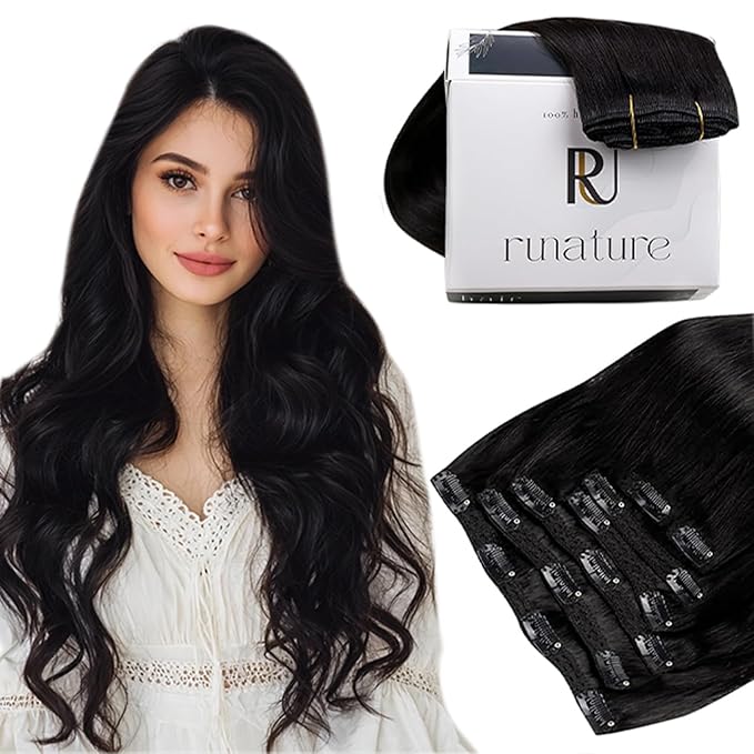 RUNATURE Clip in Hair Extensions Black Human Hair, Natural Black Human Hair Clip in Extensions, Long Hair Extensions Clip Ins, Full Head Brazilian Remy Hair, 24 Inch 135g 7pcs #1B