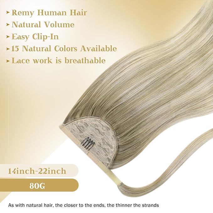 Ve Sunny Hair Extensions Ponytail Real Human Hair Wrap Around Clip in Ponytail Hair Extensions Straight Extensions Human Hair for Women Ash Grey Balayage Platinum Blonde 18inch 80G