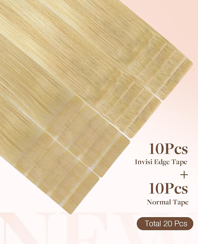 GOO GOO Invisi Edge Tape in Hair Extensions Human Hair, 18AT60A Pearl Ash Blonde Highlights10pcs injected with 10pcs classical tape ins, 18inch 50g, Virgin Remy Hair, Natural Look