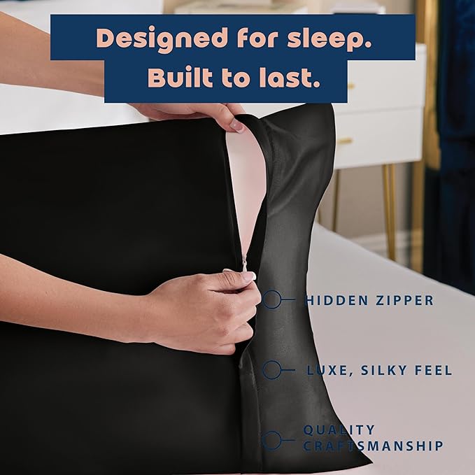 BLISSFORD Black Satin Pillowcase with Zipper for Hair and Skin Care, Feels Soft and Cool Like a Silk Pillowcase, Satin Pillow Cases 2 Pack, Slik Pillow Cover, Standard Size, Set of 2