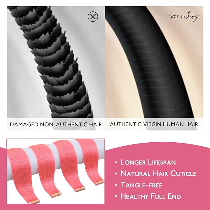 WENNALIFE Tape in Hair Extensions Human Hair Light Pink Tape in Extensions, 10pcs 20g 10 inch Remy Invisible Tape Ins Straight Colored Soft Real Human Hair Tape in Extensions Refill Set Extensions