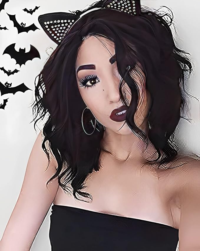 IMSTYLE Short Lace Front Wig Black Synthetic Wig Short Bob Wigs for Women Natural Wavy for Cosplay and Drag Queen