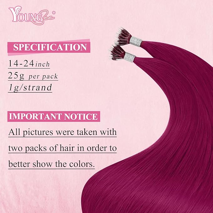 YoungSee Nano Ring Hair Extensions Human Hair Magenta Nano Bead Human Hair Extensions Burgundy Nano-Rings Hair Extension Red Nano-Tip Hair Extension for Women 25s 25g 14in