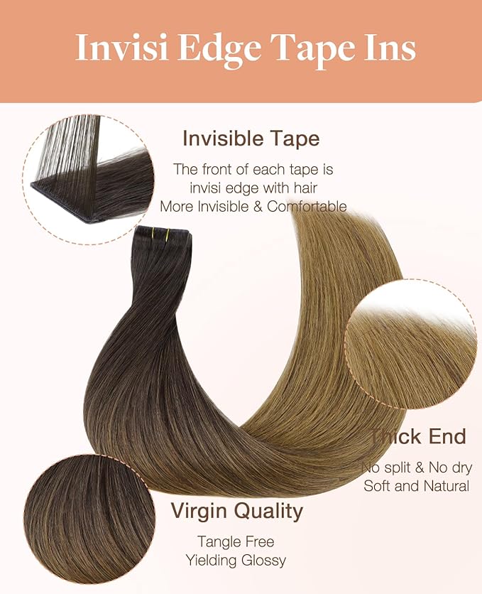GOO GOO Invisi Edge Tape in Hair Extensions Human Hair, 1D/2C/4E Chocolate Dip Color Melt 20pcs 14inch 50g, Virgin Remy Hair, Seamless Injected Tape, Natural Look