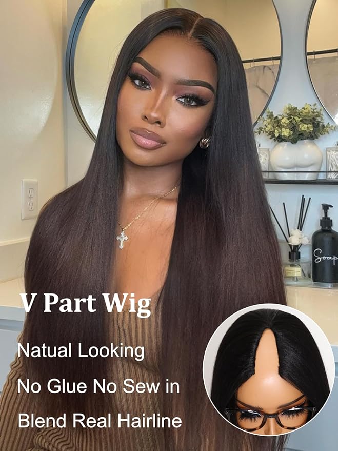 YIROO V Part Wig Human Hair No Leave Out Ombre Chestnut Brown Yaki Straight Glueless Human Hair Wig Upgrade U Part Wigs for Women V Shape Clip in Half Wig No Glue No Sew in Beginner Wig 26inch