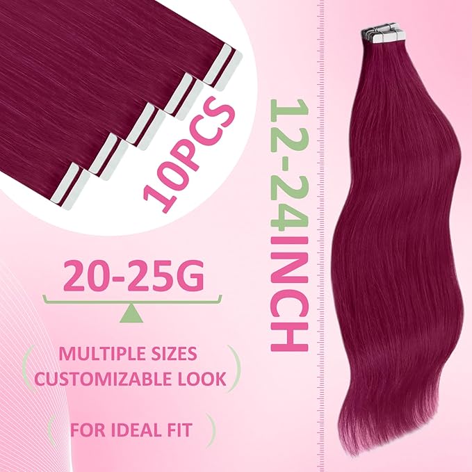 YoungSee Tape in Hair Extensions Human Hair Magenta Human Hair Tape in Extensions Red 12 Inch Colorful Hair Extensions Tape in For Party 20g 10pcs