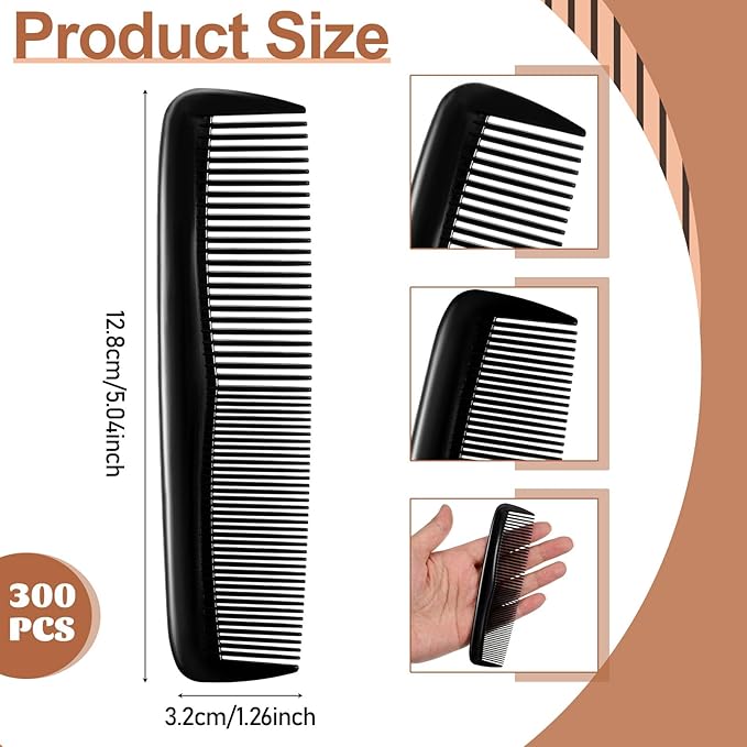 SHENLIU 300 Pieces Black Hair Combs Bulk Plastic Pocket Comb 5 Inch Reusable Hair and Travel Wide and Fine Tooth Combs for Women Men Beard Styling Dressing