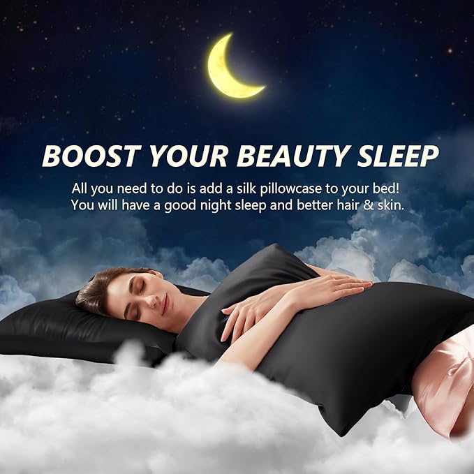 Silk Pillow Cases Queen Size 100% Mulberry Silk Pillowcase for Hair and Skin 22 Momme Both Side Grade 6A Silk Cooling Soft Breathable 20 x 30 Inches with Hidden Zipper 1PC, Black