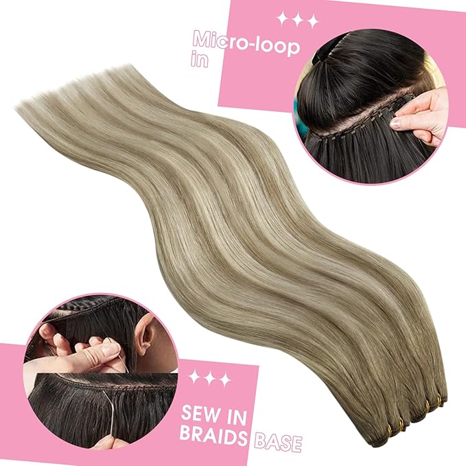 YoungSee Sew in Hair Extensions Real Human Hair Balayage Hair Extensions Weft Light Brown Mix Platinum Blonde Balayage Weft Hair Extension Human Hair for Full Head 20Inch 100G