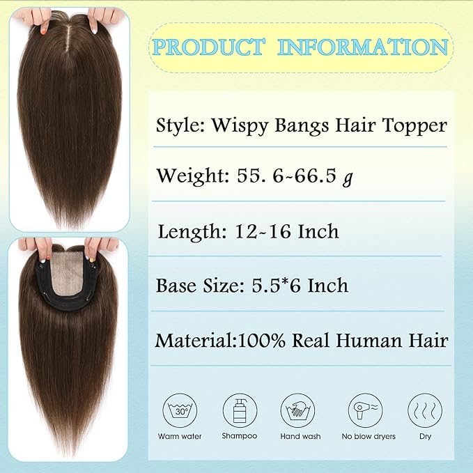 Hair Toppers for Women Real Human Hair, 360° 3D Toppers Pieces for Women with Thinning Crown Wispy Bangs 14 Inch Upgrade Big Basement (Medium Brown, 14 Inch Wispy Bangs)