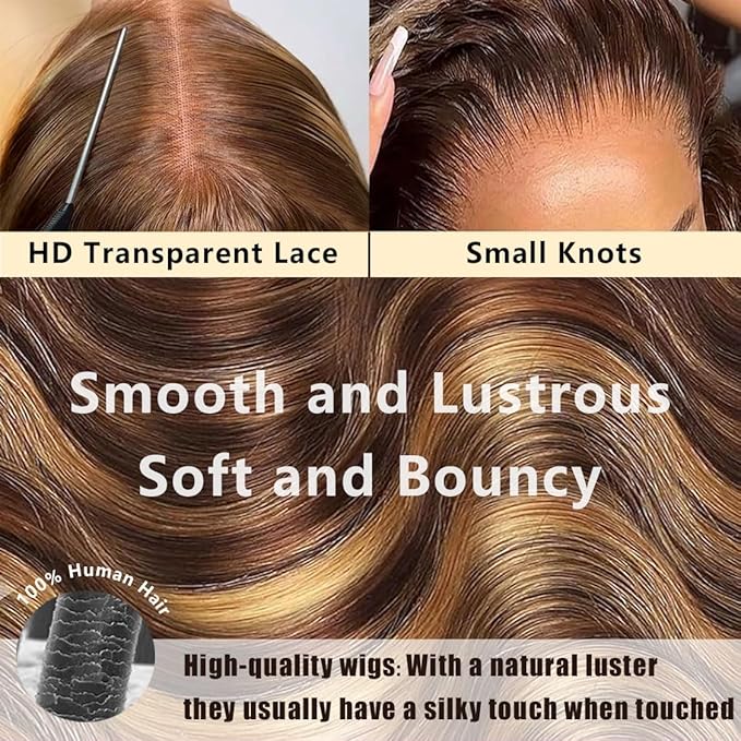 Human Hair Wig Ombre 13x6 HD Lace Front Wigs Human Hair Highlight Wig 220 Density Body Wave Wig Pre Plucked P4/27 Colored for Women Honey Blonde Lace Front Wig 22 Inch