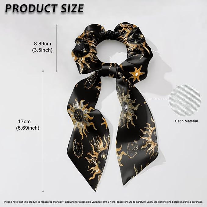 Colorful Star Sun Satin Hair Ties for Thick Curly Hair Black Elastic Hair Ties Knotted Ribbon Lightweight Scarf Scrunchies with Knot Pack of 2
