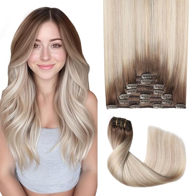 Pro2.0 Remy Real Human Hair Extensions Clip ins 120g Thick 7pcs #8/60/18 Ash Brown to Ash Blonde Mix Platinum Remy Clip in Hair Extensions Real Human Hair 16inch Double Weft（#8/60/18-16inch）