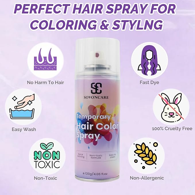 Purple Temporary Hair Color Spray, SOVONCARE Natural Hair Wax Dye Spray for Kids Halloween, Christmas Party, Cosplay -On 1-Day Washable 120ML