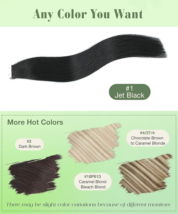 SURNEL Tape in Hair Extensions Human Hair Color 1 Jet Black Remy Tape in Hair Extensions 16 inch 20pcs 50g(#1-16)