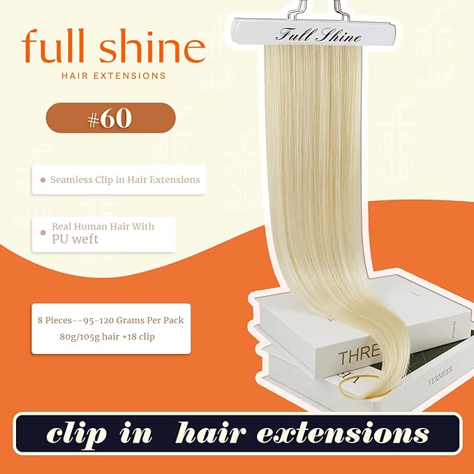 Full Shine Seamless Hair Extensions Real Human Hair Clip ins Platinum Blonde Silky Straight Clip in Hair Extensions Invisible Real Hair 14 Inch 8 PCS 120 Grams