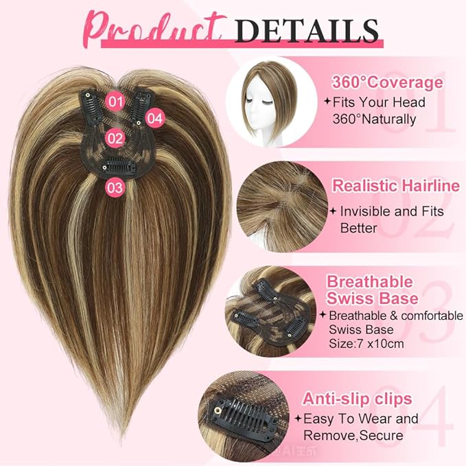 Hair Toppers for Women Real Human Hair Topper for Women with No Bangs Hairpieces Comfortable and Breathable 10 Inch Swiss Base 3D 360°Cover Glue-free (Medium Brown with Highlight)
