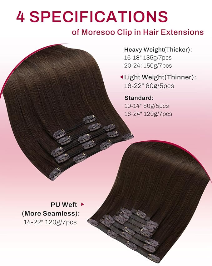 Moresoo Brown Clip in Hair Extensions Remy Double Weft Human Hair Clip in Extensions Straight Hair Extensions for Women Medium Brown #4 5pcs 80g 12inch
