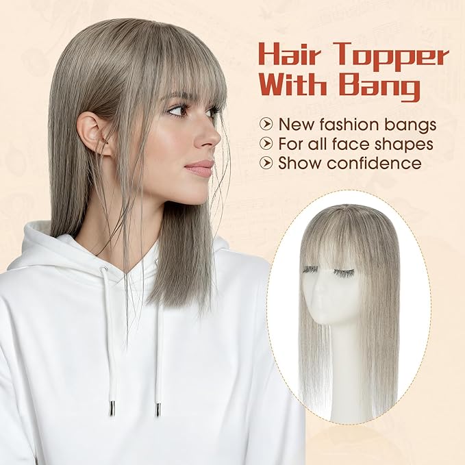 Rich Choices Human Hair Toppers for Women-100% Real Remy Hair Topper with 3D 360°Bang-Upgraded 150% Density 9 * 12CM Lace Base-Clip in Hairs topper for Thinning Hairs-14Inch #G3 Salt and Pepper Grey