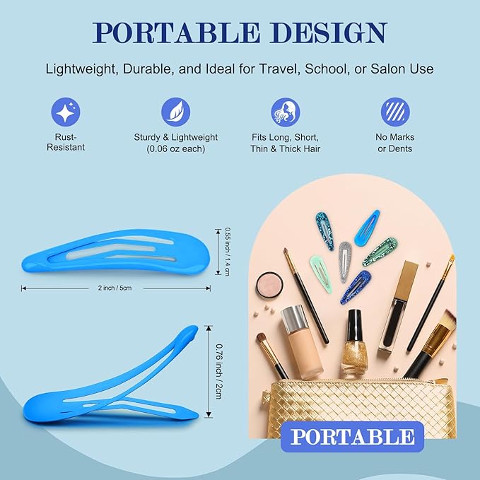 Ocean Blue Snap Hair Clips by FLAREANN – 36 PCS 2 Inch Non-Slip Metal Barrettes for Girls & Women in Glitter, Shimmer & Glossy Finishes – Cool Blue Hair Accessories for Everyday Styling