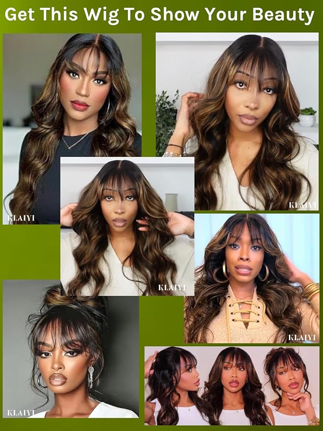 KLAIYI Ombre Brown Loose Body Wave Bye Bye Knots Glueless Precut 7x5 HD Lace Front Human Hair Bang Wig Drawstring Highlight Balayage Brown Pre Plucked Bleached 30S Ready to Wear and Go Wig 180% 26Inch