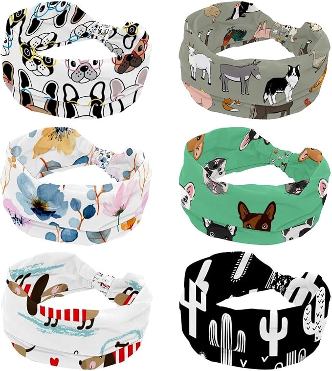 6 Pcs Stretchy Headbands for Women, Absorbed Sport Headband Soft Twist Knotted Headbands for Daily Life Yoga Workout, Dogs Collection Multi Animal