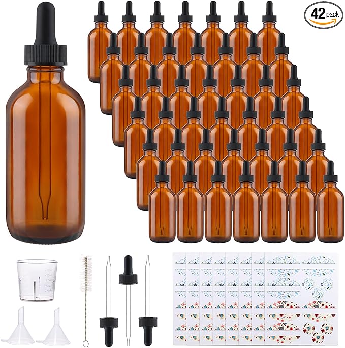 42 Pack 4oz Amber Glass Bottles with Glass Eye Droppers for Essential Oils, Perfumes & Lab Chemicals (Brush, Funnels, 3 Extra Droppers, 48 Pieces Labels & 30ml Measuring Cup Included)