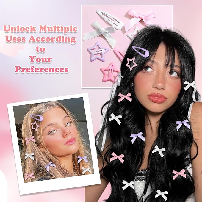 36Pcs Y2k Pink Bow Hair Clips Water Drop Snap Hair Barrettes Metal No Slip Star Hair Clips White Mini Hair Bows Bowknot Star Hair Accessories for Women Girls