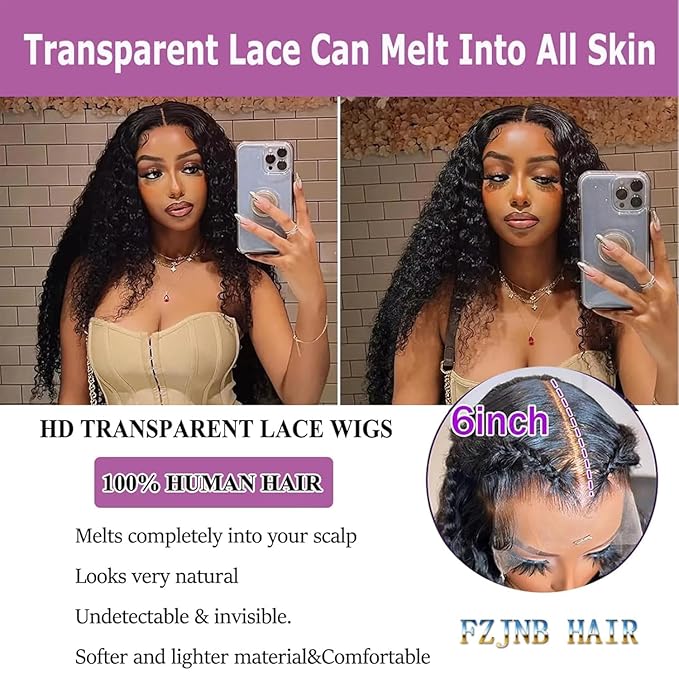 VIPbeauty 13x6 Deep Wave Lace Front Wigs Human Hair 200 Density 22 Inch Curly Wig for Women Natural Black HD Transparent Lace Glueless Frontal Wigs Human Hair Pre Plucked with Baby Hair