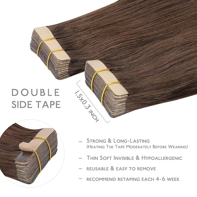 WENNALIFE Tape in Hair Extensions Human Hair, 20pcs 40g 12 inch Chocolate Brown Remy Hair Extensions Straight Human Hair Tape in Extensions Skin Weft Tape Extensions Human Hair