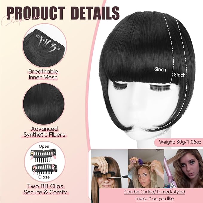 Clip in Bangs, Synthetic French Bangs Hair Clip, Dark Black Fake Bangs Fringe with Temples Hairpieces for Women Natural Curved Hair Extensions for Daily Wear