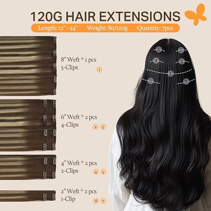 DOORES Clip in Human Hair Extensions Balayage Chocolate Brown to Honey Blonde 20 Inch 7pcs 120g Real Hair Extensions Clip in Straight Thick Natural Remy Hair Extensions