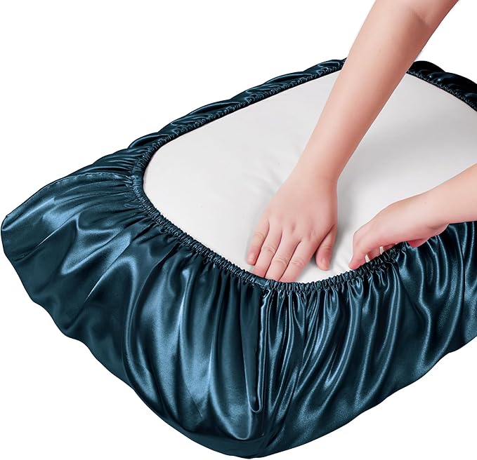 Manyshofu Satin Pillowcases for Hair Protection - 2Pcs Navy Blue Pillow Cases, Elastic Band Standard & Queen Satin Pillowcases Luxury Silky Pillow Cases Travel Pillow Covers