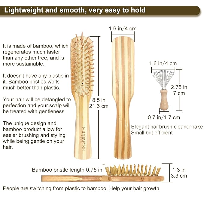 Bamboo Wood Hair Brush with Cleaning Rake for Women Men and Kids, Natural Bamboo Bristles Small Paddle Flat Hairbrush Fit All Types Hair