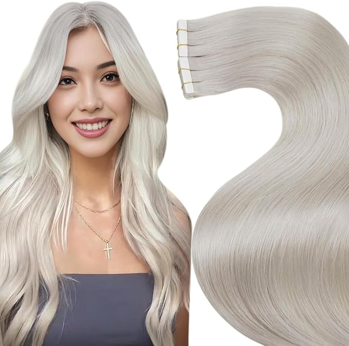 LaaVoo Tape in Hair Extensions Human Hair Platinum Blonde Human Hair Extensions Tape in 20 Inch Invisible 20PC 50G