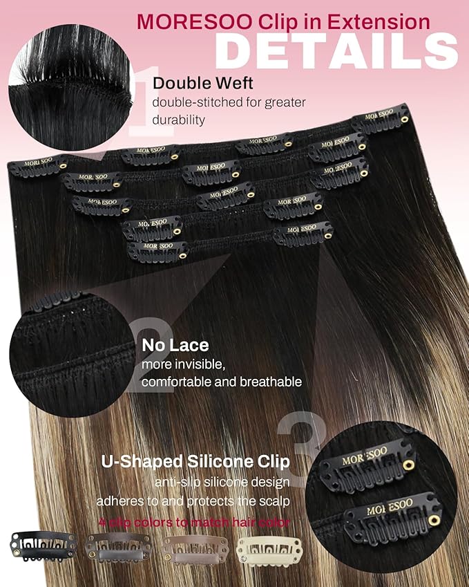 Moresoo Black to Blonde Ombre Clip in Hair Extensions Remy Human Hair Double Weft Short Human Hair Clip in Extensions Ombre Natural Black to Caramel Blonde with Brown 80g/5pcs 12 inch