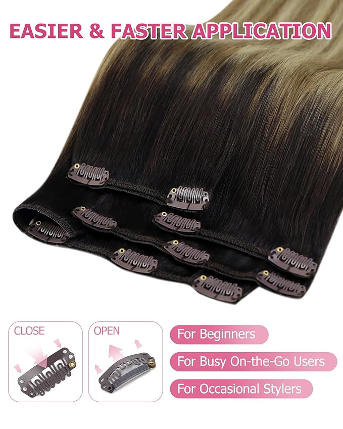 YoungSee 150g Balayage Clip in Hair Extensions Real Human Hair Dark Brown to Medium Brown with Warm Blonde Clip on Hair Extensions for Women Clip in Ombre Hair Extensions 22inch 7pcs