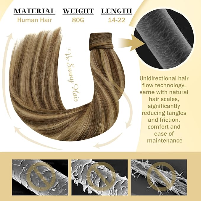 Ve Sunny Hair Extensions Ponytail Real Human Hair Wrap Around Clip in Ponytail Hair Extensions Straight Extensions Human Hair for Women Medium Brown Highlighted Caramel Blonde 20inch 80G 80G