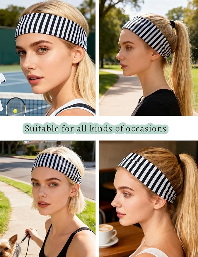 Striped Headbands for Women Elastic Thick Yoga Workout Headband Non Slip Hair Band Hair Accessory,4 Pack
