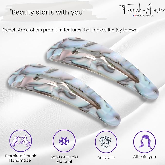 French Amie Clic Clac Large Handmade Celluloid Acetate Set of 2 Snap Hair Clips No Slip Side Slide-in Barrette for Women and Girls (Aqua Marbel)