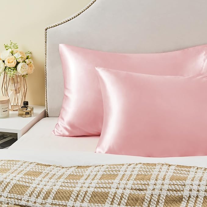 BEDELITE Satin Pillowcase with Zipper, Pink King Size Pillow Cases Set of 2, Super Soft and Cooling Similar to Silk Pillow Cases, Gift for Women Men(20x36 Inches)