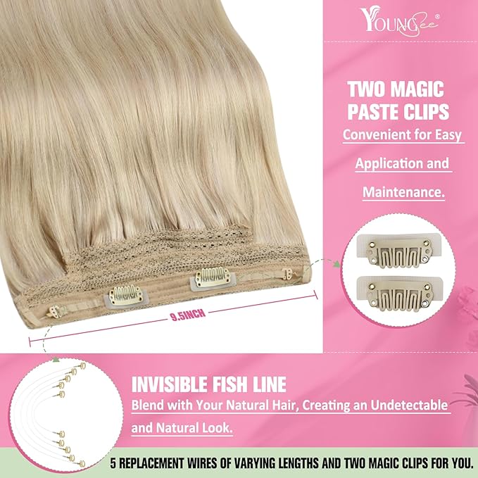 YoungSee Invisible Wire Hair Extensions Blonde Wire Human Hair Extensions Ash Blonde Highlights Bleach Blond Human Hair Fish Line Extensions Short Straight Hair 12inch 70G