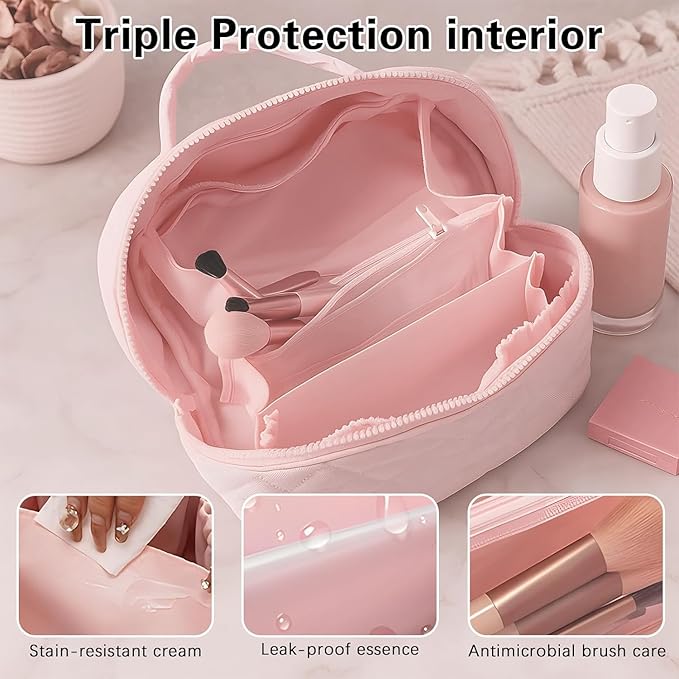 Cosmetic Bag for Travel, Large Capacity Pouch Purse Organizer, Waterproof Puffy Padded Make Up Toiletry Bag for Women (Khaki)