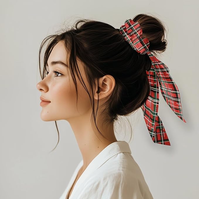 Red Plaid Hair Tie Ribbon Christmas Pack Of 2 Knotted Bow Hair Scrunchies Elastic Bow Hair Ties Lightweight Ponytail Holder for Women