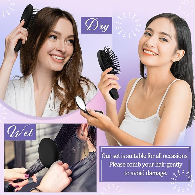 Meanplan 24 Pcs Mini Hair Brush Set 12 Travel Wet Dry Hair Combs Pocket Detangling 12 Compact Folding Makeup Mirrors for Spa Sleepover Birthday Bridal Shower Bachelorette Christmas Party Gift (Black)