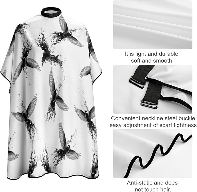 Extra Large Hair Styling Cape, Haircut Apron Black Crow Raven Bird Grey Haircuting Salon Cape Gown for Hair Cutting Styling