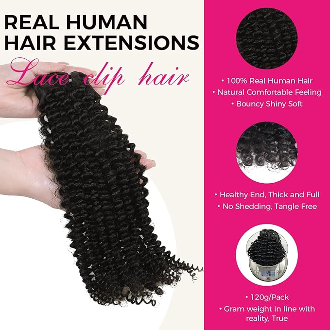 Lashey Clip in Hair Extensions Real Human Hair 7pcs 120g Kinky Curly Clip in Hair Extensions 16 Inch Remy Human Hair Natural Black