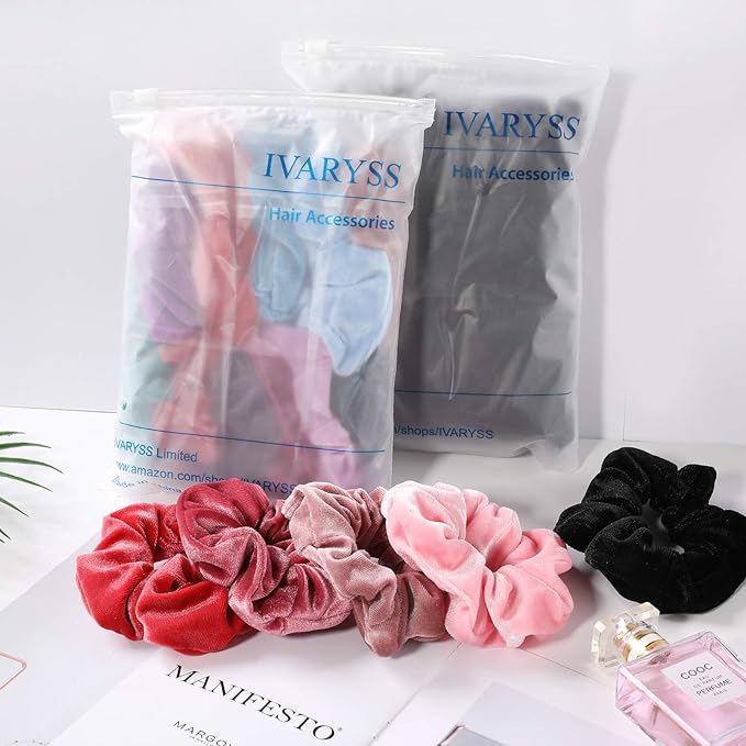 IVARYSS Extra Large Scrunchies for Women's Thick Hair, Premium Velvet Soft Jumbo Scrunchy, XL 6 inch Big Elastic Band Hair Accessories, 4 Pack, Black